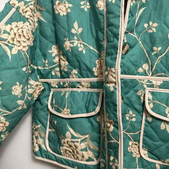 7 For All Mankind Quilted Crop Floral Print Jacket Jade Green - Picture 3 of 10